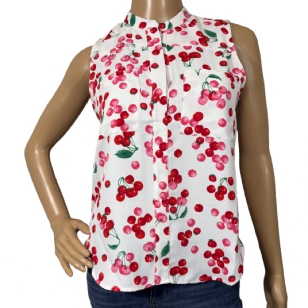 Ann Taylor Red Pink Cherry Print Sleeveless Top Size XSP